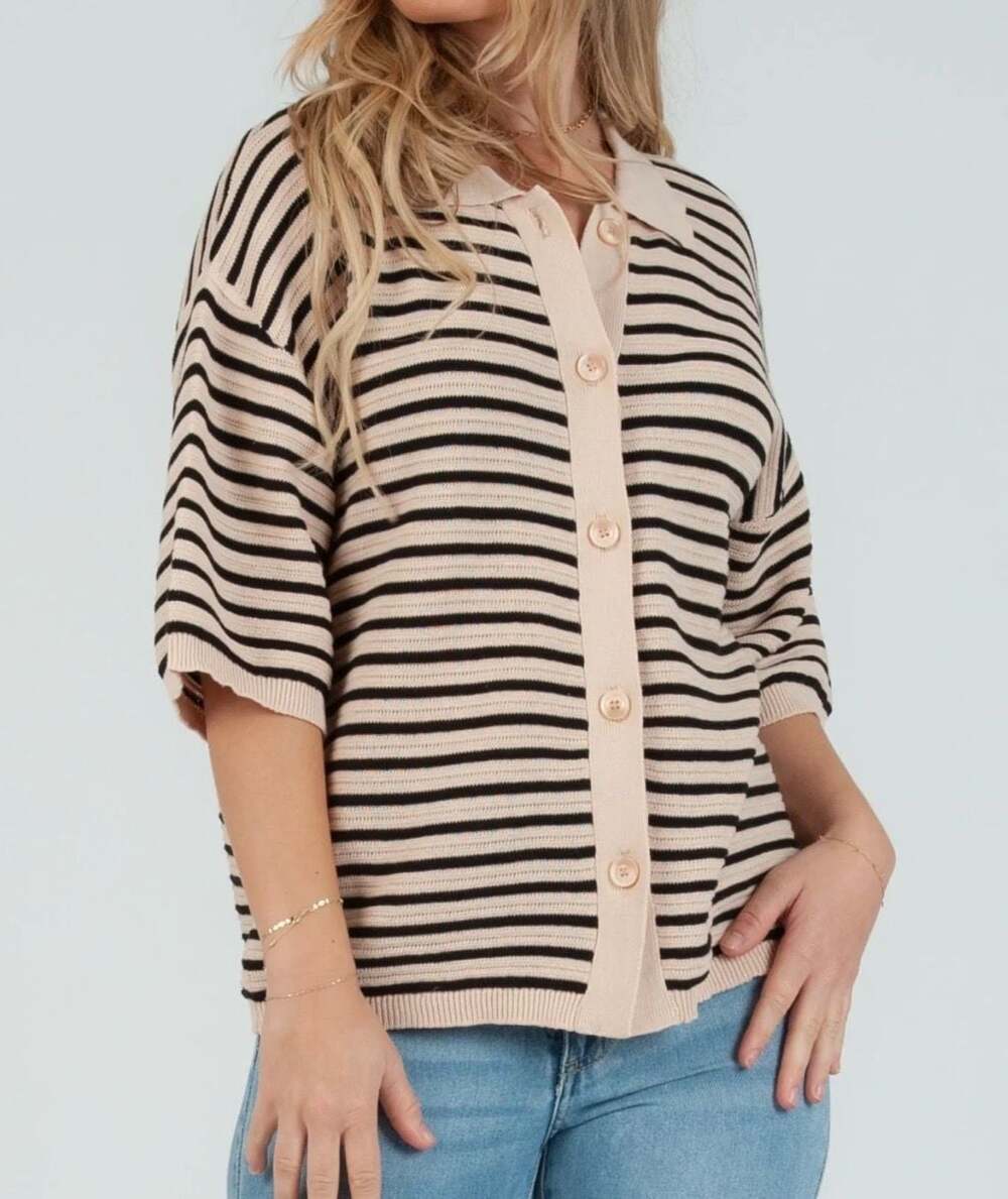 Urban Daizy Striped Short Sleeve Knit Button Down Polo Cardigan Size M